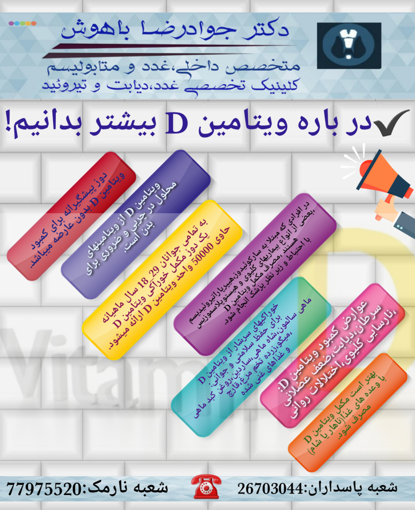 ویتامین D یك ویتامین محلول در چربی است و برای جذب كلسیم و در نتیجه رشد و استحكام استخوان‏ها و دندان‏ها در بدن لازم است. همچنین برای انعقاد خون و عملكرد مطلوب غده تیروئید مهم است.