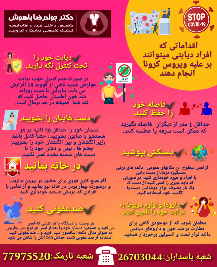 در صورت عدم کنترل خوب دیابت ، عوارض شدید ناشی از کووید 19 افزایش می یابد: بنابراین با تست روزانه قند خون اطمینان حاصل کنید که قند شما همیشه در حد نرمال است.
